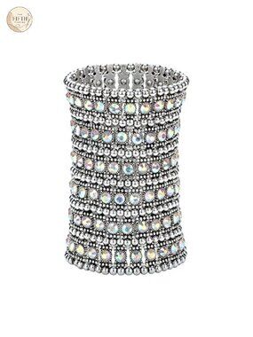 YACQ Multilayer Wide Stretch Cuff Bracelet Soft Elastic Band Antique Silver